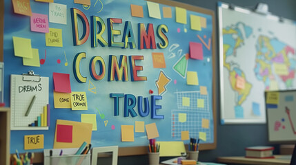 Motivational Classroom Bulletin Board with "Dreams Come True" Message