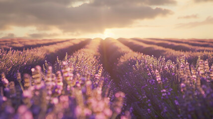 A breathtaking panorama portraying a lavender field illuminated by the warm glow of sunset