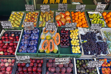 Tropical Fruits Mix in Crates at Farmers Market in Vienna Austria