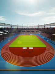 3D render of sunlit stadium filled with spectators, showcasing an athletic track and sports field....