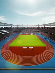Deurstickers 3D render of sunlit stadium filled with spectators, showcasing an athletic track and sports field. Day time open air game. Aerial view. Concept of sport, competition, live match, tournament © master1305
