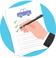 Car checklist on a white sheet of paper. Businessman hands holding a pen and writing, Check list, Document on the top view.