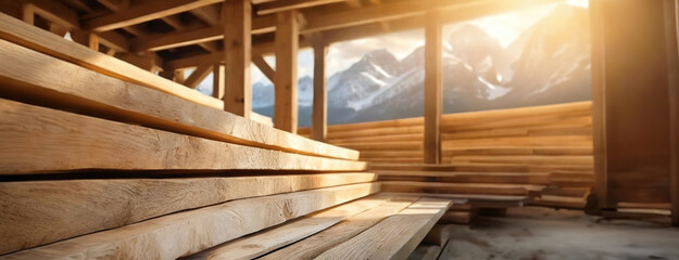 Piles of lumber at a construction site with mountain landscape behind. Panorama with copy space.