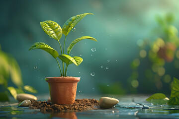 Potted plants moistened by raindrops