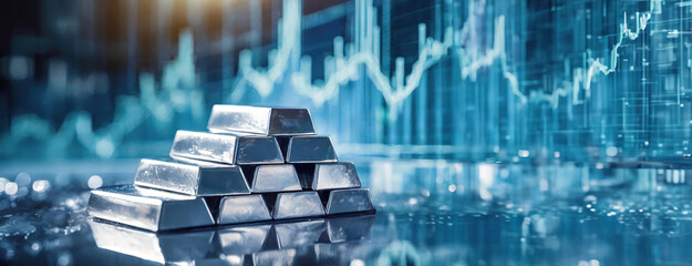 Stacked silver bars against a background of financial graphs. Panorama with copy space.