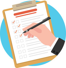 Checklist paper on clipboard. Businessman hands holding a pen and writing, Check list, Document paper clip on the top view.