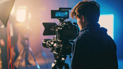 Professional cameraman - covering on event with a video, cameraman silhouette on live studio news