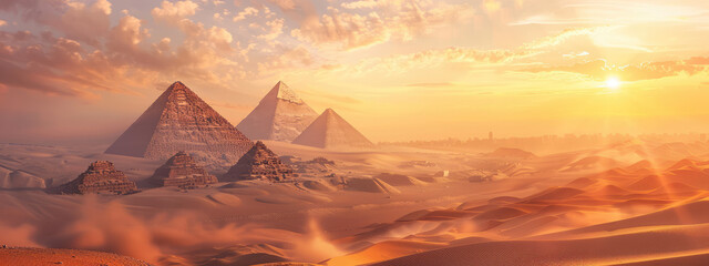 A panoramic view of the Pyramids in Egypt at sunset, with golden hues painting the sky and sand dunes - obrazy, fototapety, plakaty