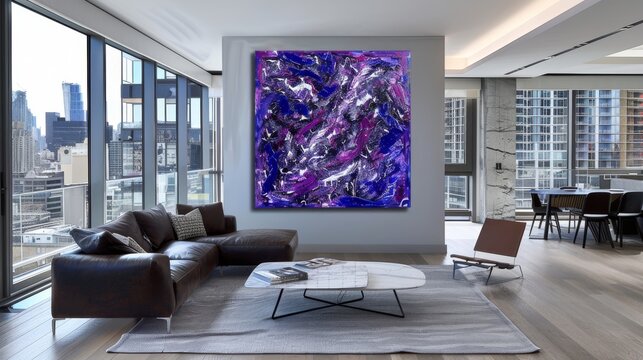  A spacious living room boasts a comfortable couch, a sturdy table, and an impressive large painting adorning the center of the wall