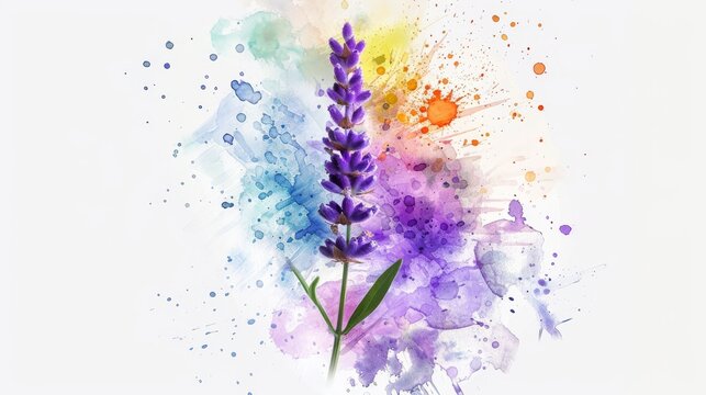  Watercolor art of lavender bloom against white backdrop, featuring a drip of color beneath