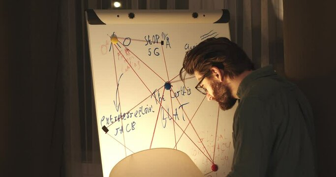 A man is standing near a crazy table on a conspiracy theory board.