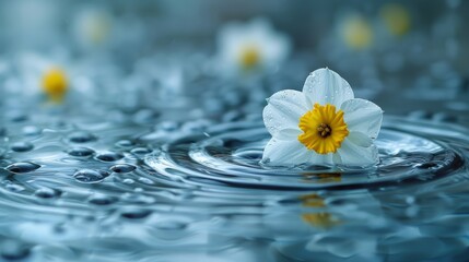  A white and yellow flower floating above a body of water with droplets on its surface