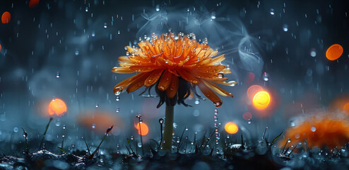  A dandelion in the rain, petals wet with droplets
