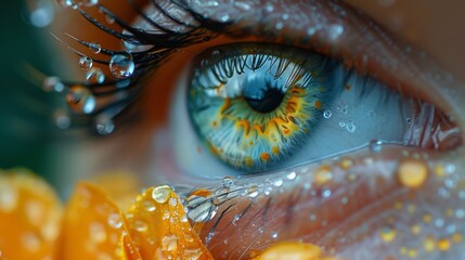  A close-up of a person's eye with tears on the iris, specifically the iridescent part - obrazy, fototapety, plakaty