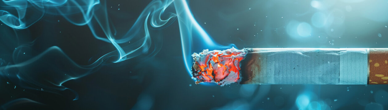 Close-up of a burning cigarette with a toxic symbol in the smoke, warning of the poisonous chemicals in tobacco