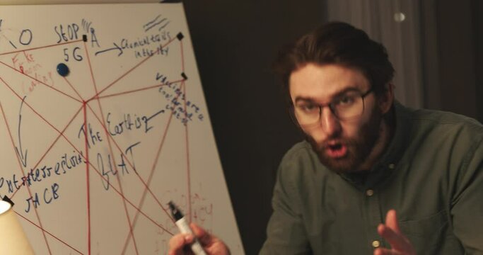 A man emotionally explains a conspiracy theory using a flipchart with a diagram.