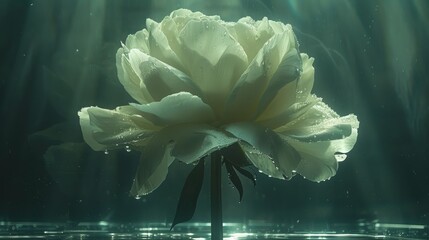  A white flower with drops of water on its petals and a black ribbon at its core - obrazy, fototapety, plakaty