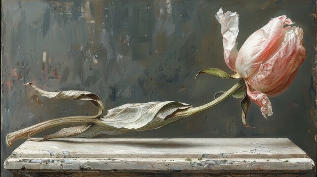  A painting of a pink tulip on a marble slab, set against a green wall in the background and a gray wall in the foreground