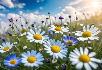 Beautiful spring background nature with blooming glade chamomile, trees and blue sky on sunny day - obrazy, fototapety, plakaty