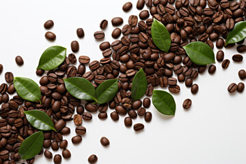 Obraz premium Combination of coffee beans and green leaves on white background