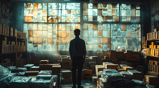 Man is standing in dark dusty room full of boxes and looking out the window.
