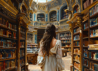 Woman walks through library surrounded by books.