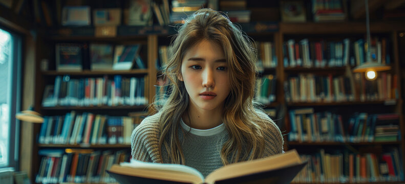 Asian young Student in casual suit reading book in library of university or colleage with bookshelf background Asian woman