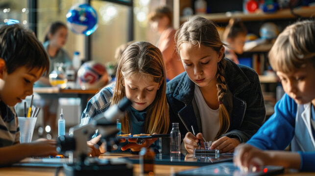 A photo of an educational scene with children using microscopes and tablets, surrounded by their teacher in the classroom