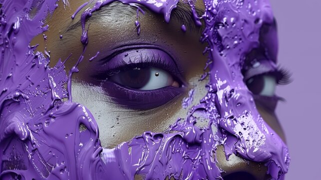  A close-up portrait of a woman wearing a purple mask and having purple paint on her face