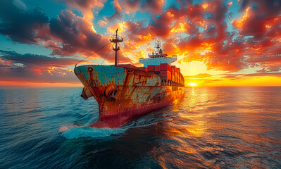 Cargo ship at sea on background of beautiful sunset. - obrazy, fototapety, plakaty