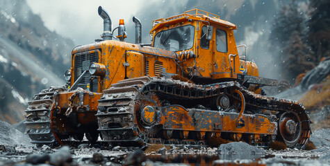 Old dirty yellow bulldozer in the mountains - obrazy, fototapety, plakaty