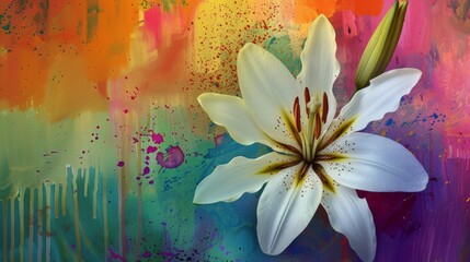  A vivid depiction of a white bloom against a colorful backdrop, featuring a touch of splattered paint