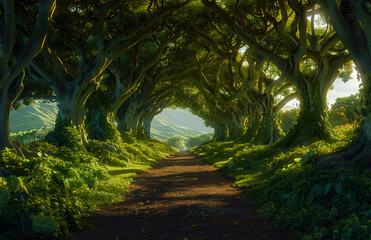 Path winds through tunnel of trees in Ireland