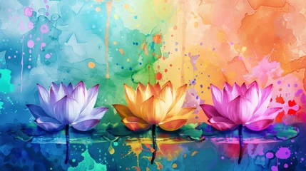 Foto op Canvas  Three water lilies float on colorful water in front of splashed paint © Nadia