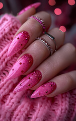 Long artificial manicured nails with sparkling pink manicure and rhinestones