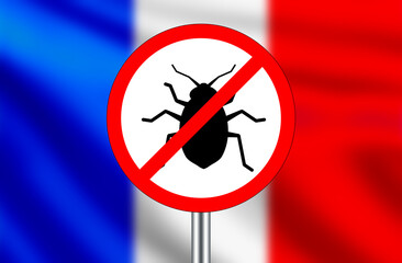 Fighting bedbugs in France. Crossed out beetle on street sign. France flag blurred. Fighting bedbugs epidemic. Insect problem in France. Counteracting spread of bedbugs. Blood-sucking pests. 3d image - obrazy, fototapety, plakaty