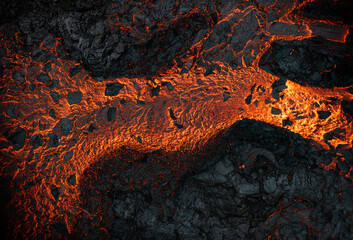Aerial view of the texture of a solidifying lava field, close-up - 768738983