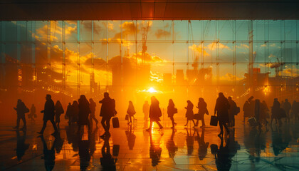 Silhouettes of people walking in the airport terminal at sunset - obrazy, fototapety, plakaty