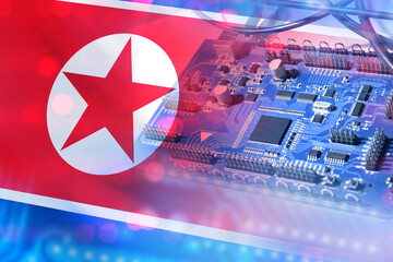 Microplate with North Korea flag. Digital board from DPRK. Microelectronics production in North Korea. Supply of computer equipment. Microplate close up. Concept sanctions for PCB supplies. 3d image