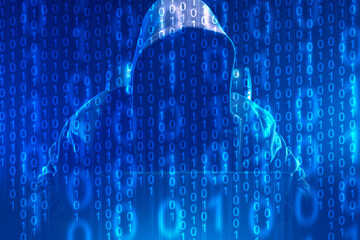 Hacking background. Hacker in hood on blue. Cyber criminal with laptop. Background with binary...