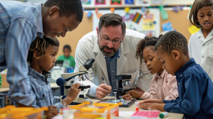 A photo of an educational scene with children using microscopes and tablets, surrounded by their teacher in the classroom