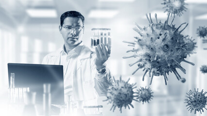Man virologist. Laboratory assistant with laptop. Virus molecules at will of doctor. Virologist...