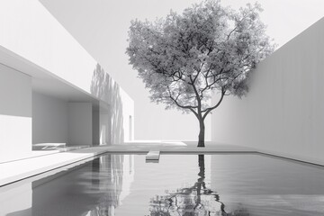 a tree next to a pool