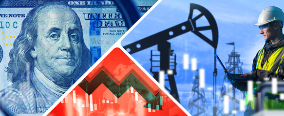 Oil industry. Dollars near petroleum deposit. Male oil worker with laptop. Oil industry crisis. Graph of falling fuel prices. Problems of petroleum market. Crisis due to high energy costs