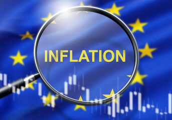 Inflation in European union. Crisis chart. EU flag. Economic inflation. Magnifying glass. Inflation...