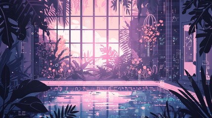  A room containing a pool, flora, and a window offering an outward perspective - obrazy, fototapety, plakaty