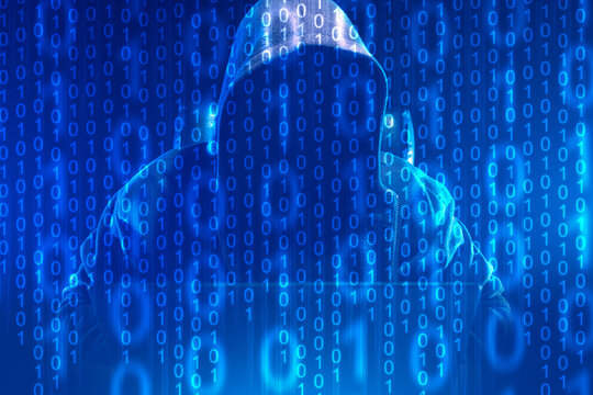 Hacking background. Hacker in hood on blue. Cyber criminal with laptop. Background with binary code. Professional hacker. Cyber backdrop. Hacking scenery. Cyberspace hacker. 3d image