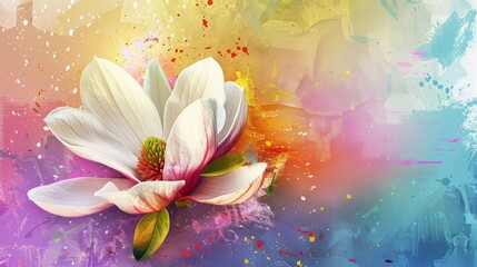  A watercolor depicting a white and pink bloom on a vibrant splashed backdrop of blue, yellow, pink, and purple hues