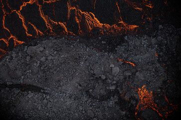 Aerial view of the texture of a solidifying lava field, close-up