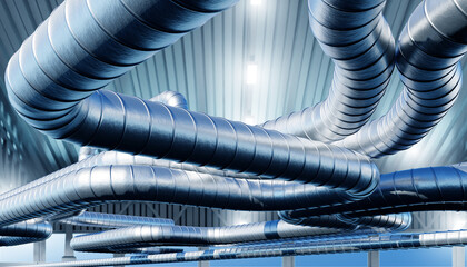 Ventilation pipes under roof of building. Tangled pipeline. Steel pipes. Utilities below ceiling. Ventilation system in industrial workshop. Lighting bulbs and pipelines under roof. 3d image